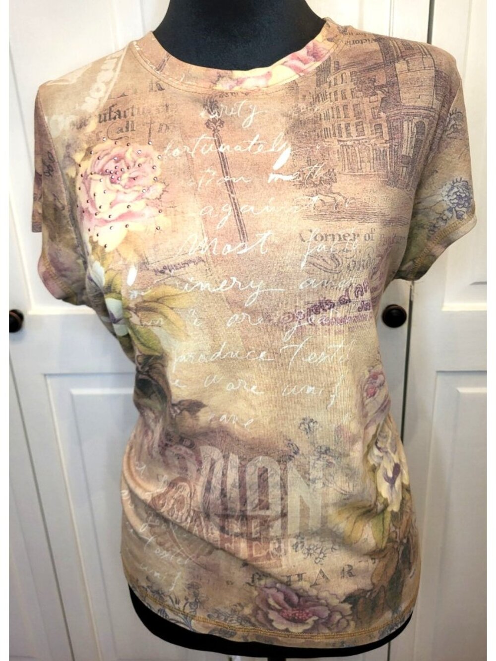 XCIT U.S.A. Vintage Y2k Tan Postcard Floral Print Tee Sequins XL Grunge Fairy 00